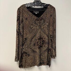 Gold & Black Sparkle V neck 3/4 Sleeve Blouse Special Occasion by A.L.E.X Size L